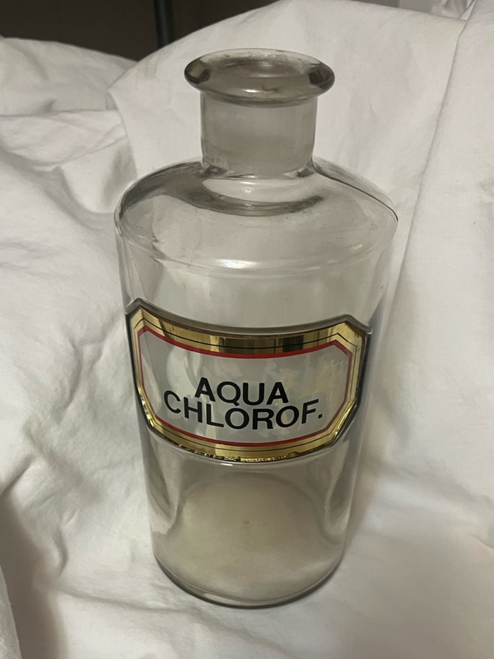 Vintage Apothecary Bottle "Aqua Chlorof." Uranium Glass with Recessed Gold Label